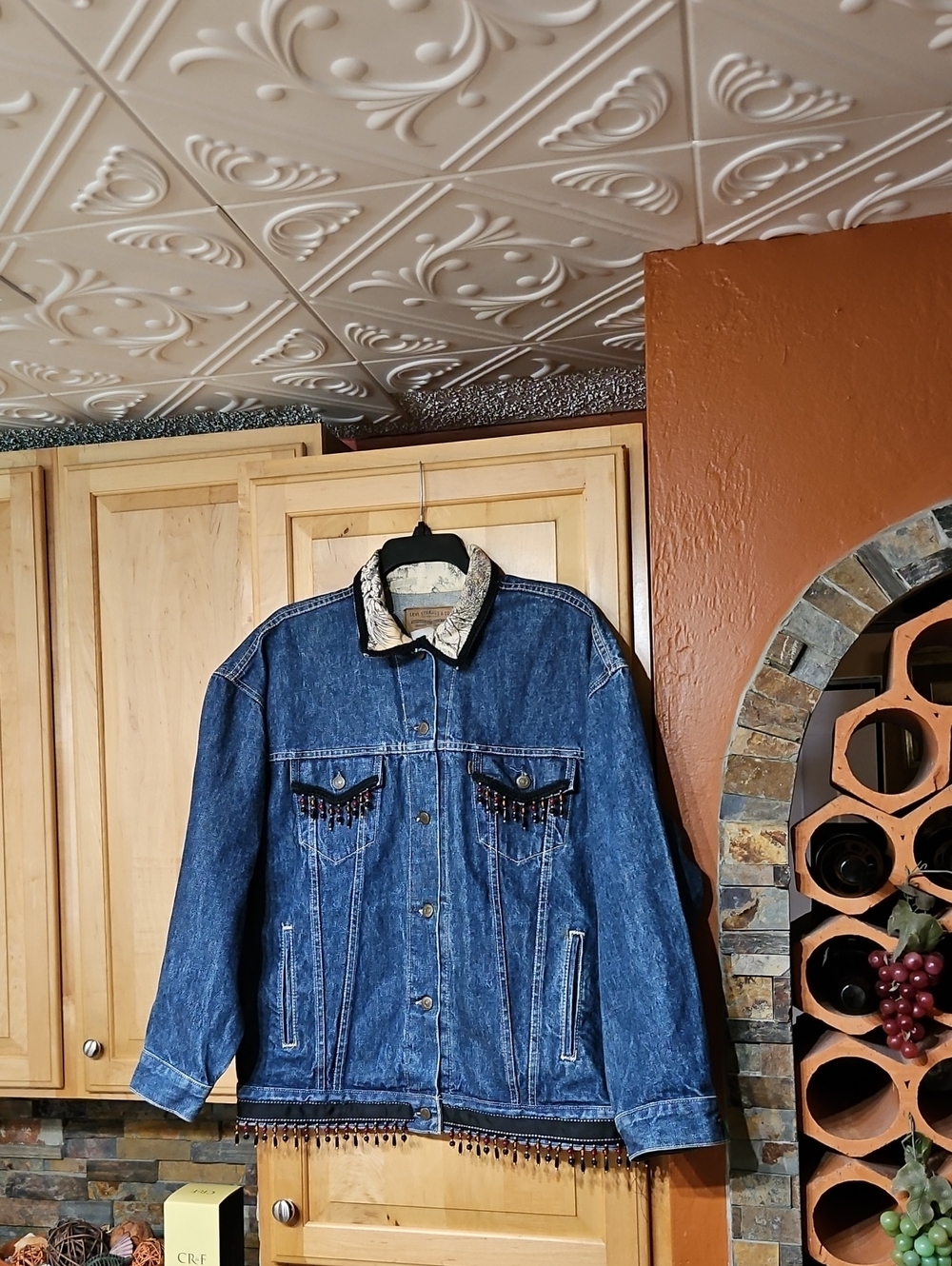 Vintage Levi's Aztec Beading Denim Jean Trucker Jacket Blue Made In USA Y2K